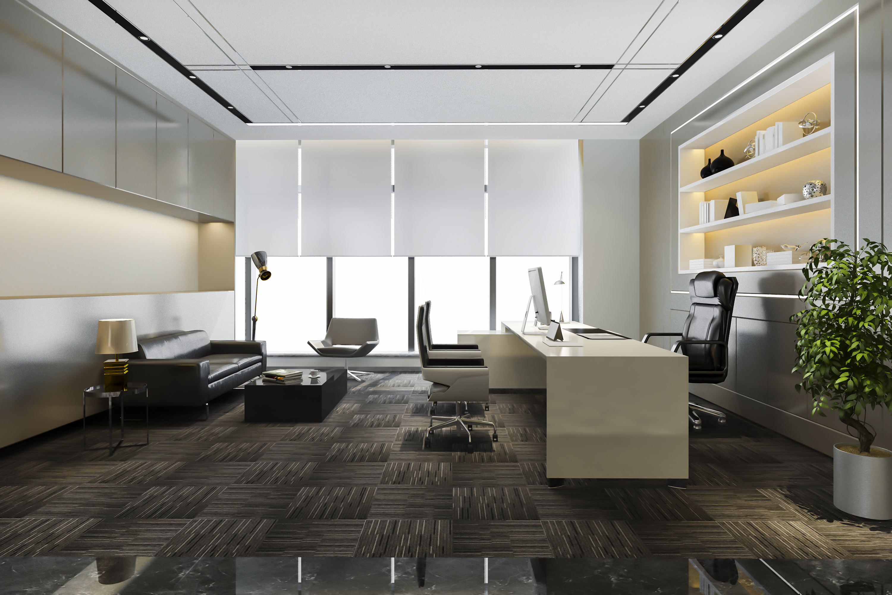 Contemporary office space with blue furniture and wooden flooring