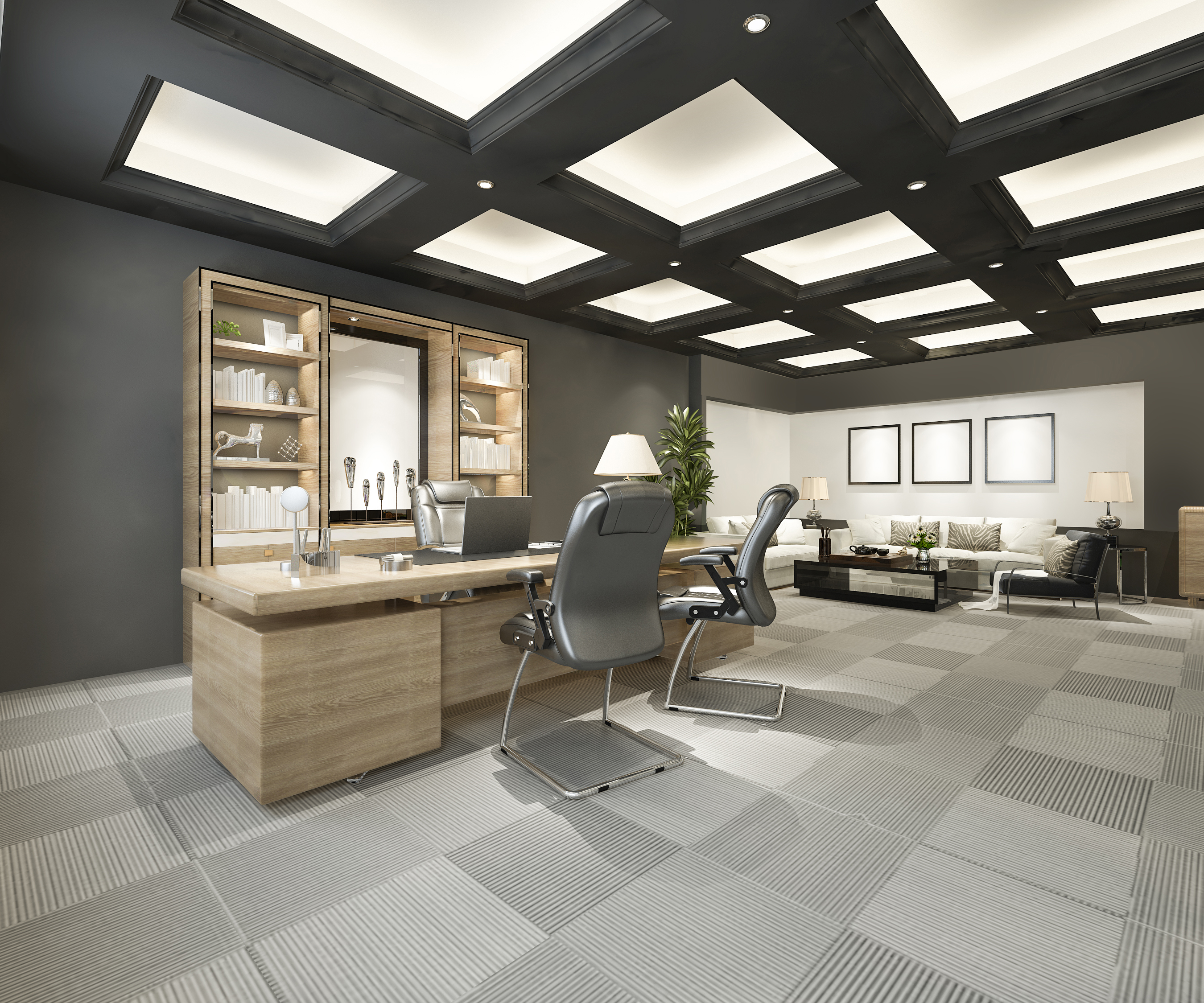Meeting room with blue ceiling and yellow chairs